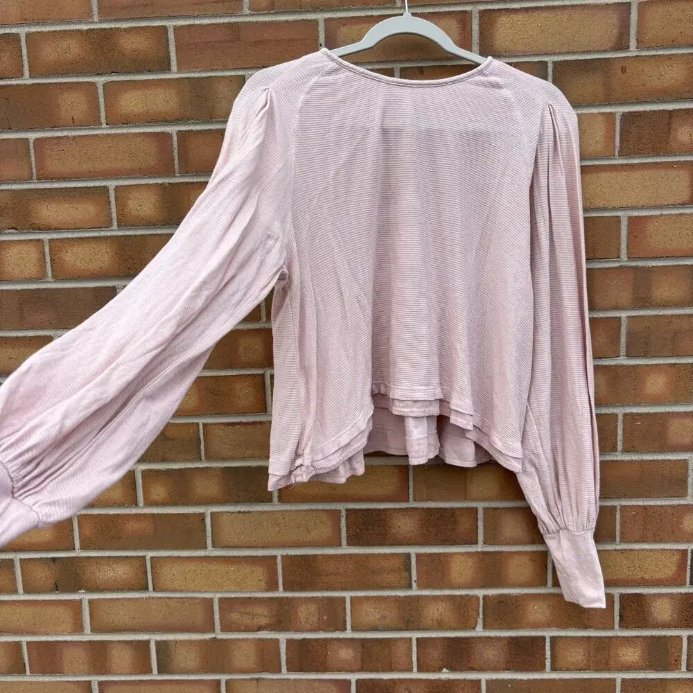 Free People Pink Long Sleeve Round Neck Ribbed Knit Billie Crop Top Womens M